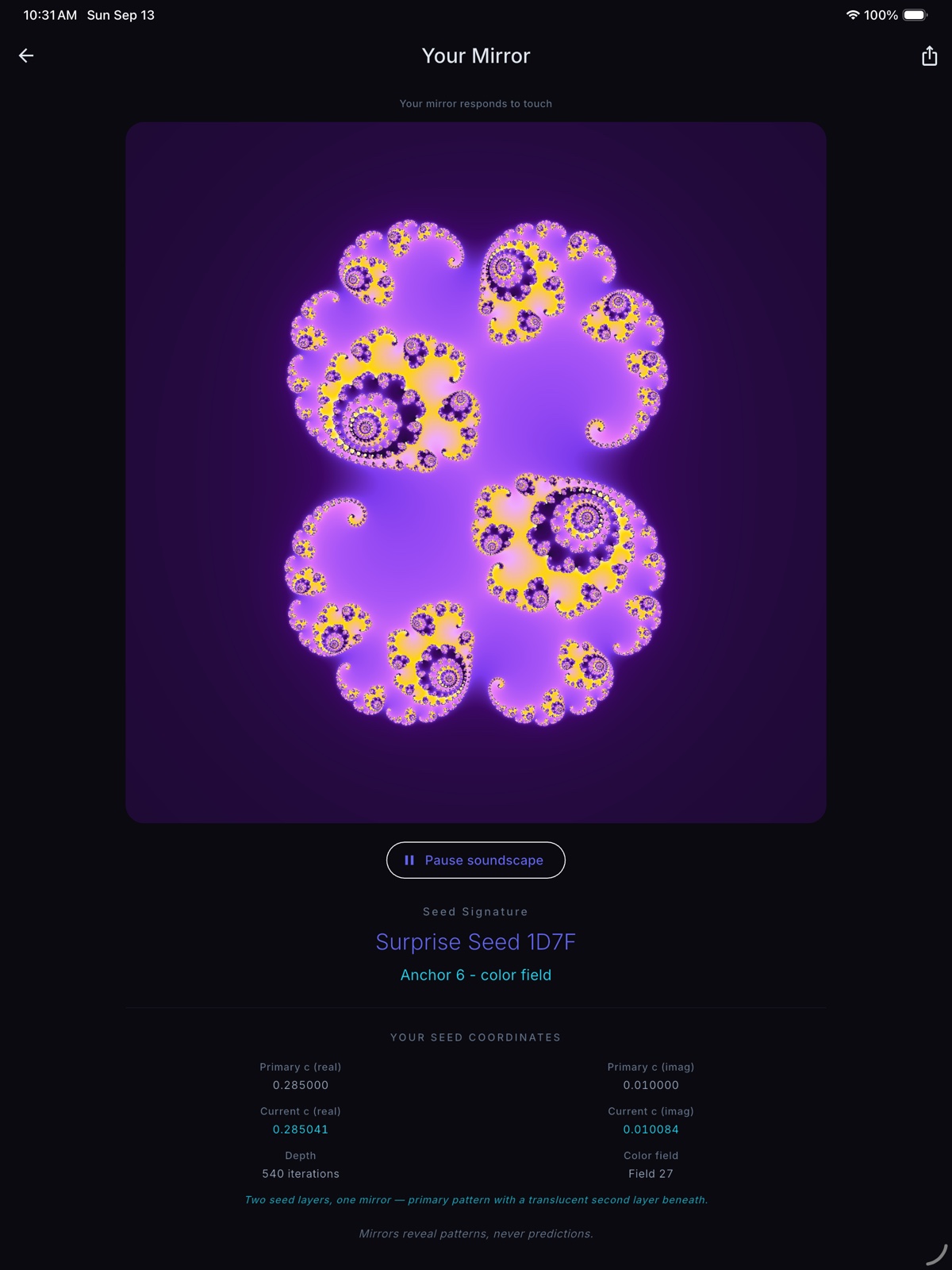 Gold-edged violet spirals branching into smaller spirals in a Mirori fractal